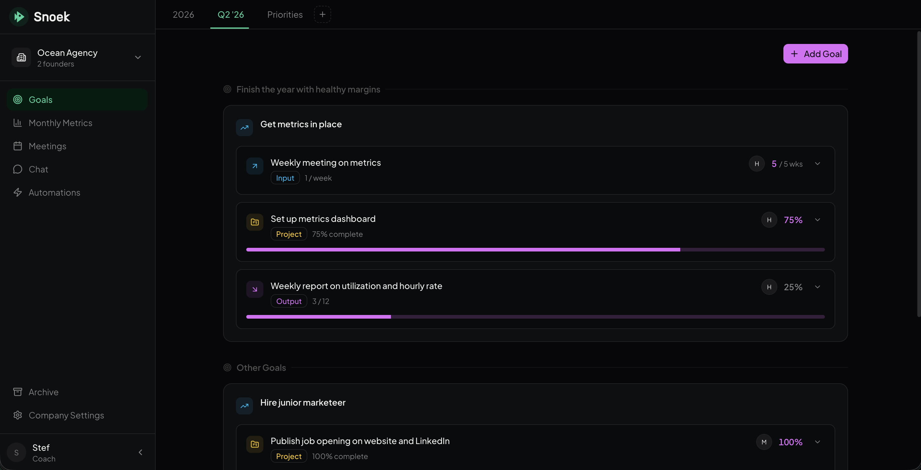 Snoek Web App - Dashboard showing team priorities and goals